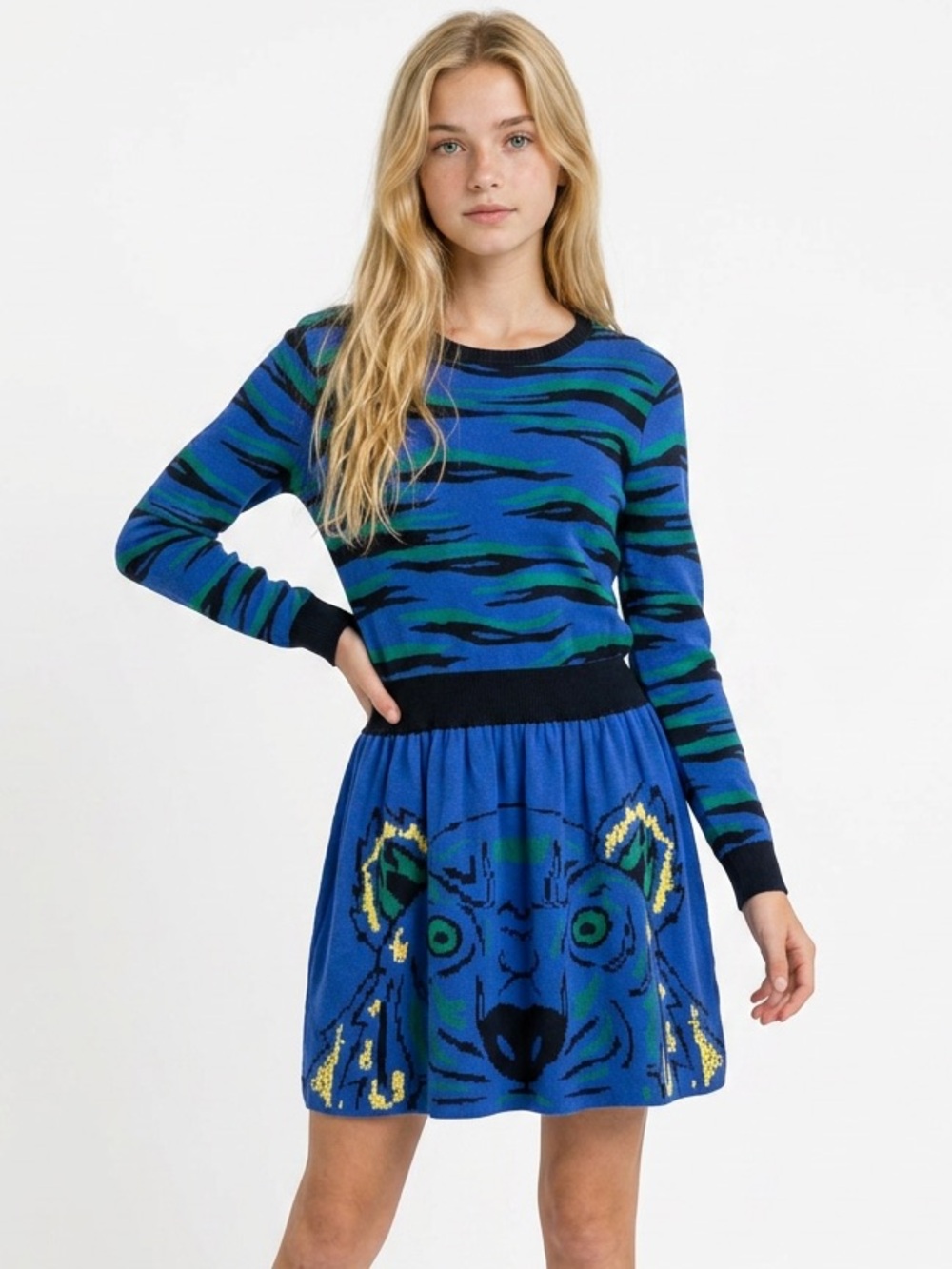 KENZO | Blue & Green Striped Tiger Kids Knit Dress Youth Girl’s Size 14